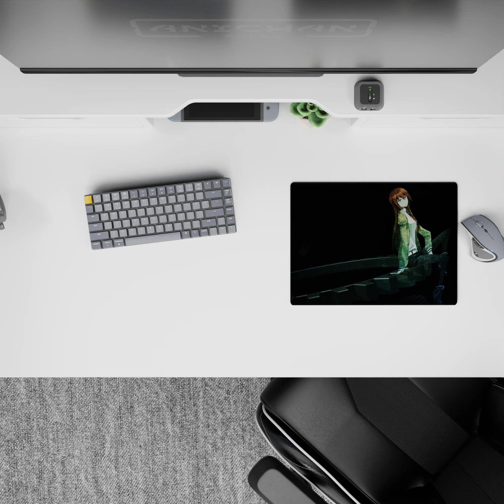 Anime mouse pad 14x10 inches in inky sci-fi tones with green jacket, white top, and calm blue-eyed mood.
