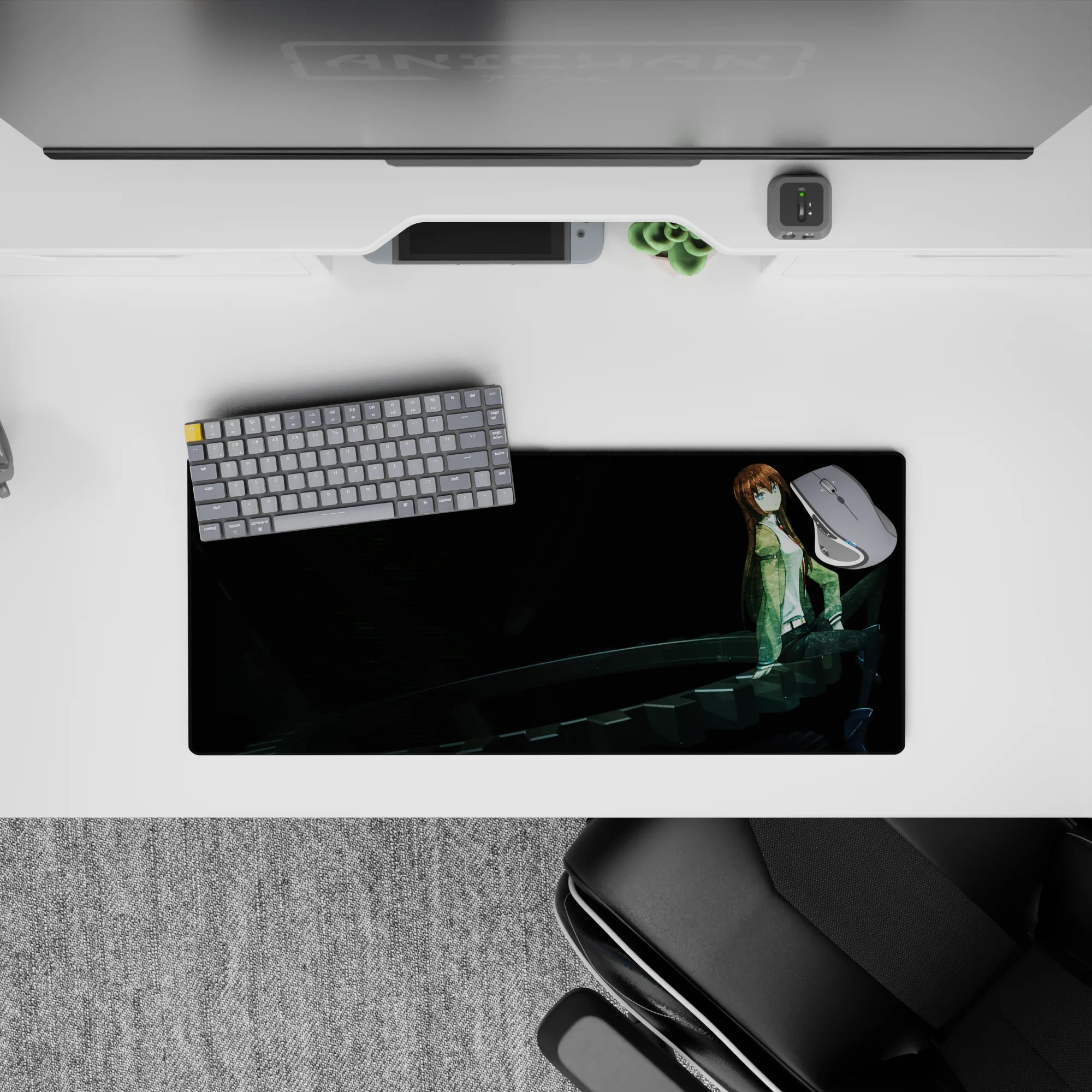 Anime mouse pad 28x12 inches in inky dark tones with green jacket, white top, cool blue-eyed calm mood.