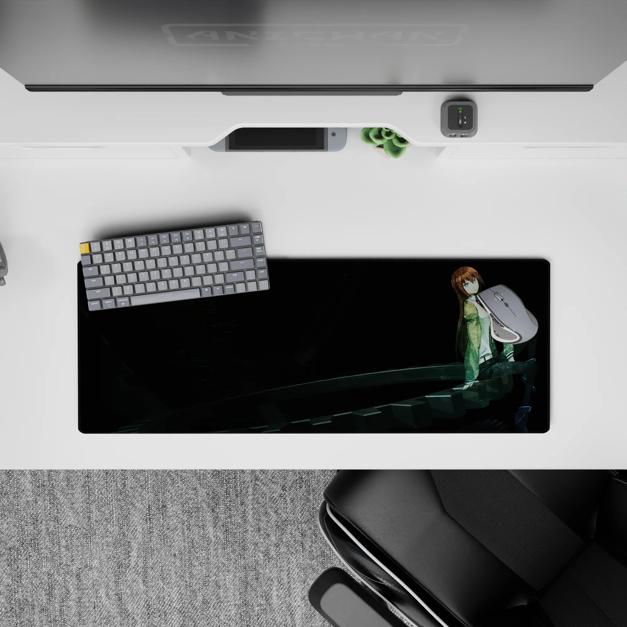 32x12 inches anime mouse pad in inky dark tones with green jacket, white top, and cool blue-eyed mood.