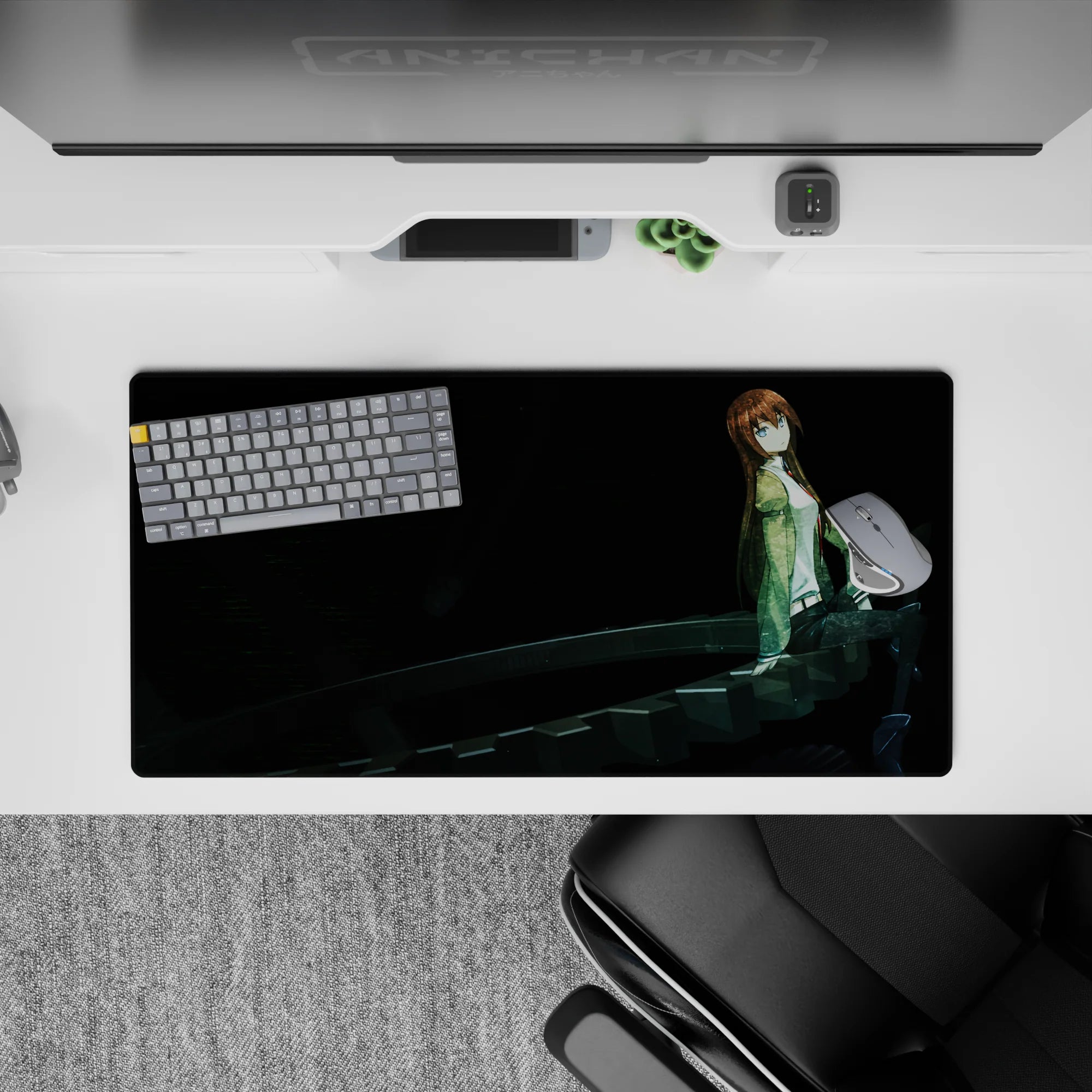 32x16 inches anime mouse pad in inky black with green jacket accents, cool blue eyes, and late-night lab mood.