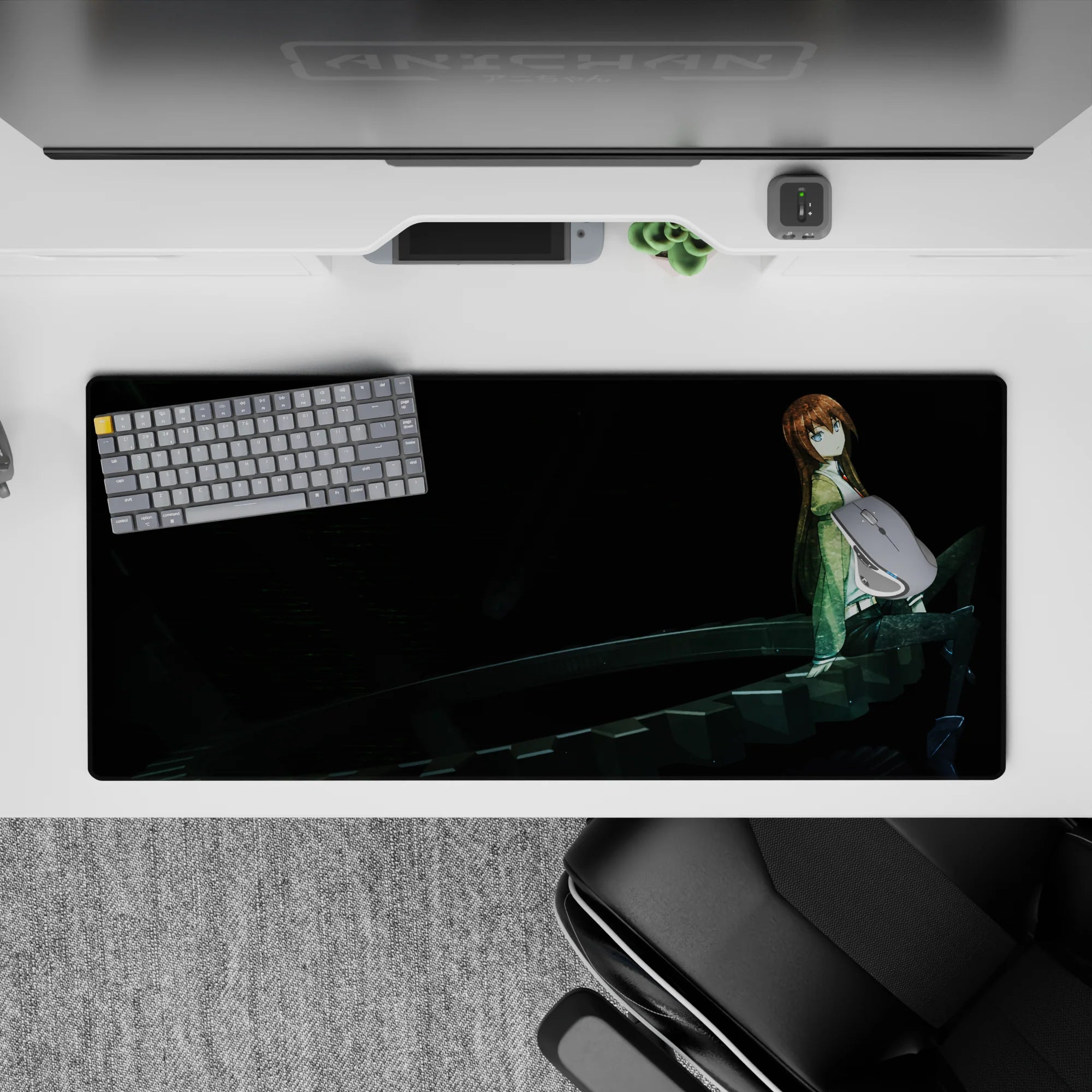 36x16 inches anime desk pad in inky blacks with green jacket and white top, calm intense late-night lab mood.