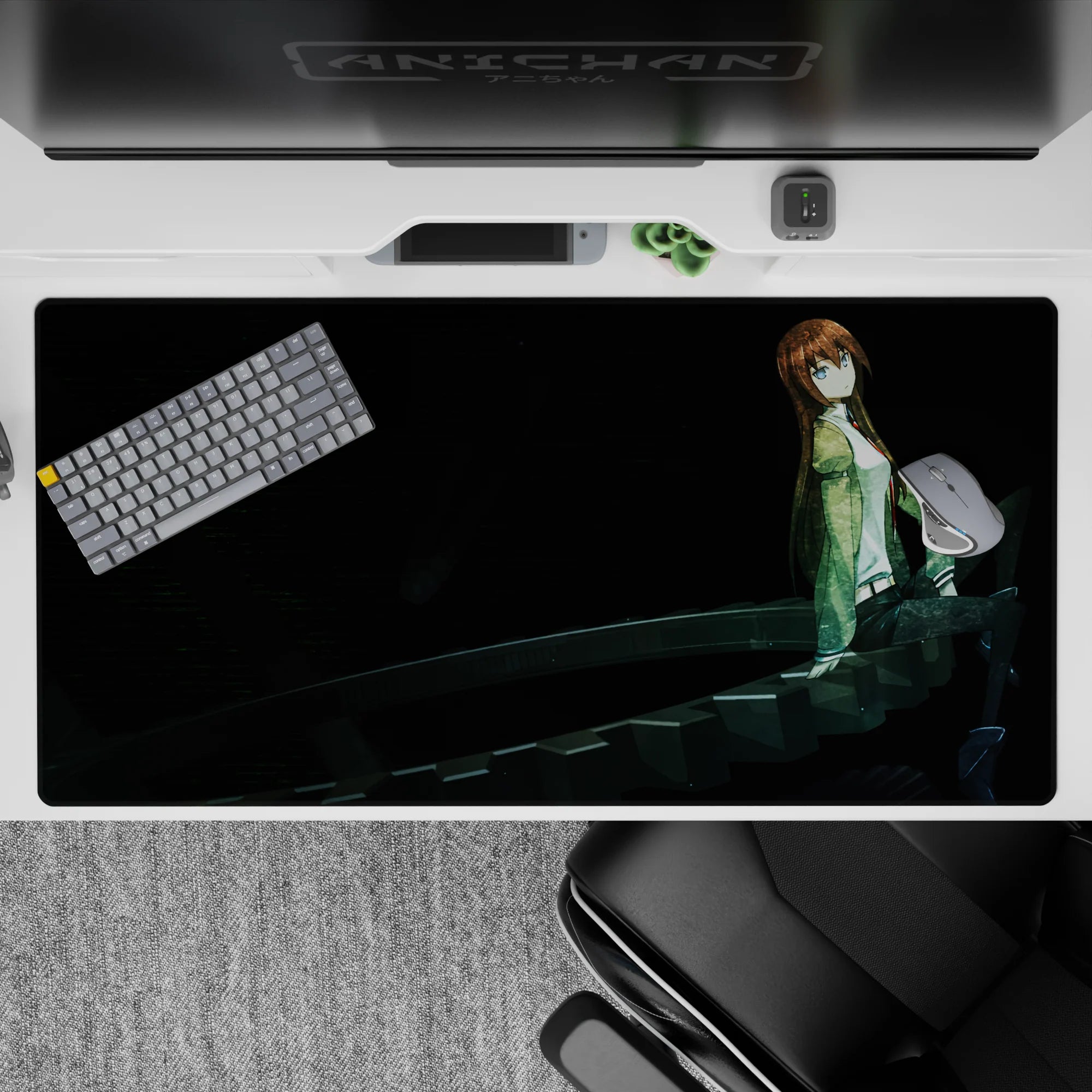40x20 inches anime desk pad in inky black with green and white accents, cool blue eyes, quiet late-night lab mood.