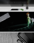 40x20 inches anime desk pad in inky black with green and white accents, cool blue eyes, quiet late-night lab mood.