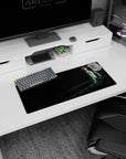 Anime mouse pad 28x12 inches showing a brown-haired girl perched on dark metal gears in a late-night lab scene.
