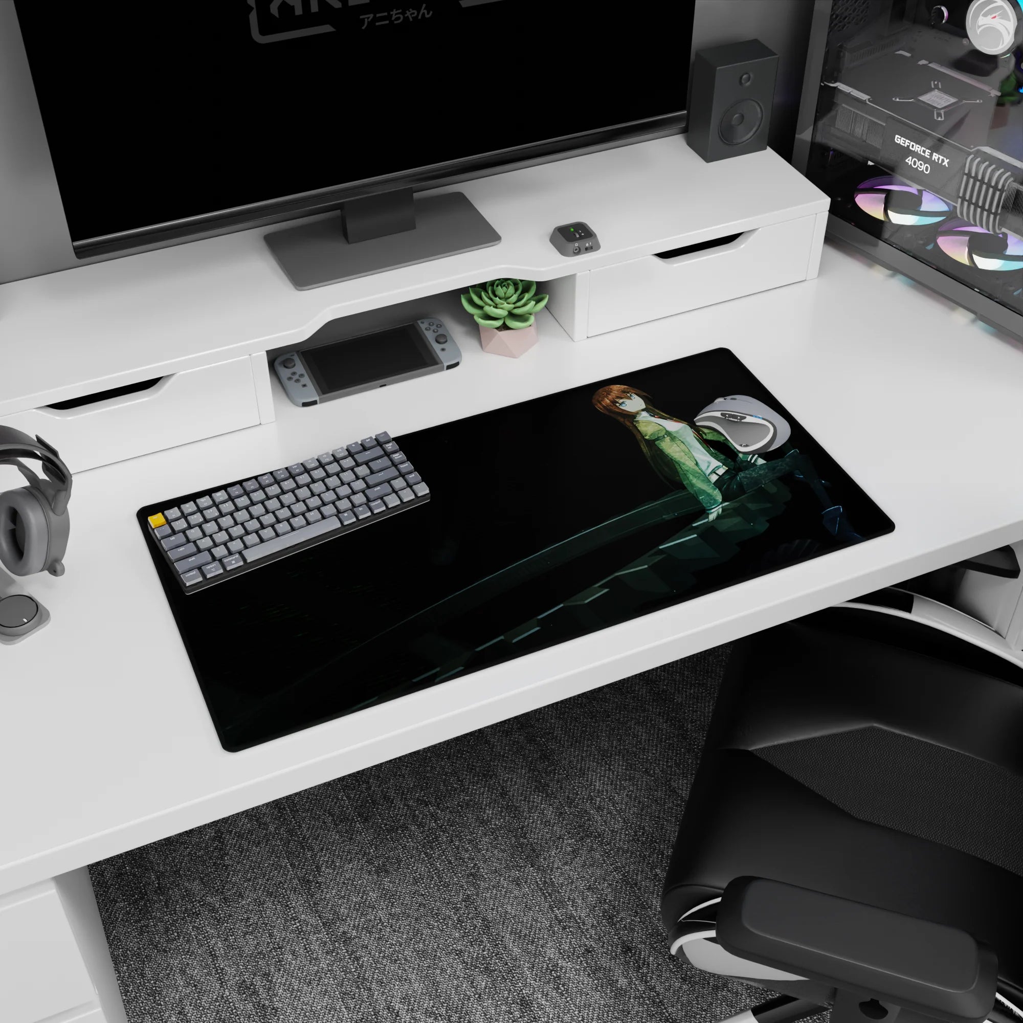 32x16 inches anime mouse pad showing a brown-haired girl perched on sweeping dark gears, calm intense stare.