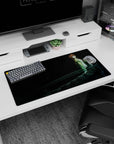 32x16 inches anime mouse pad showing a brown-haired girl perched on sweeping dark gears, calm intense stare.