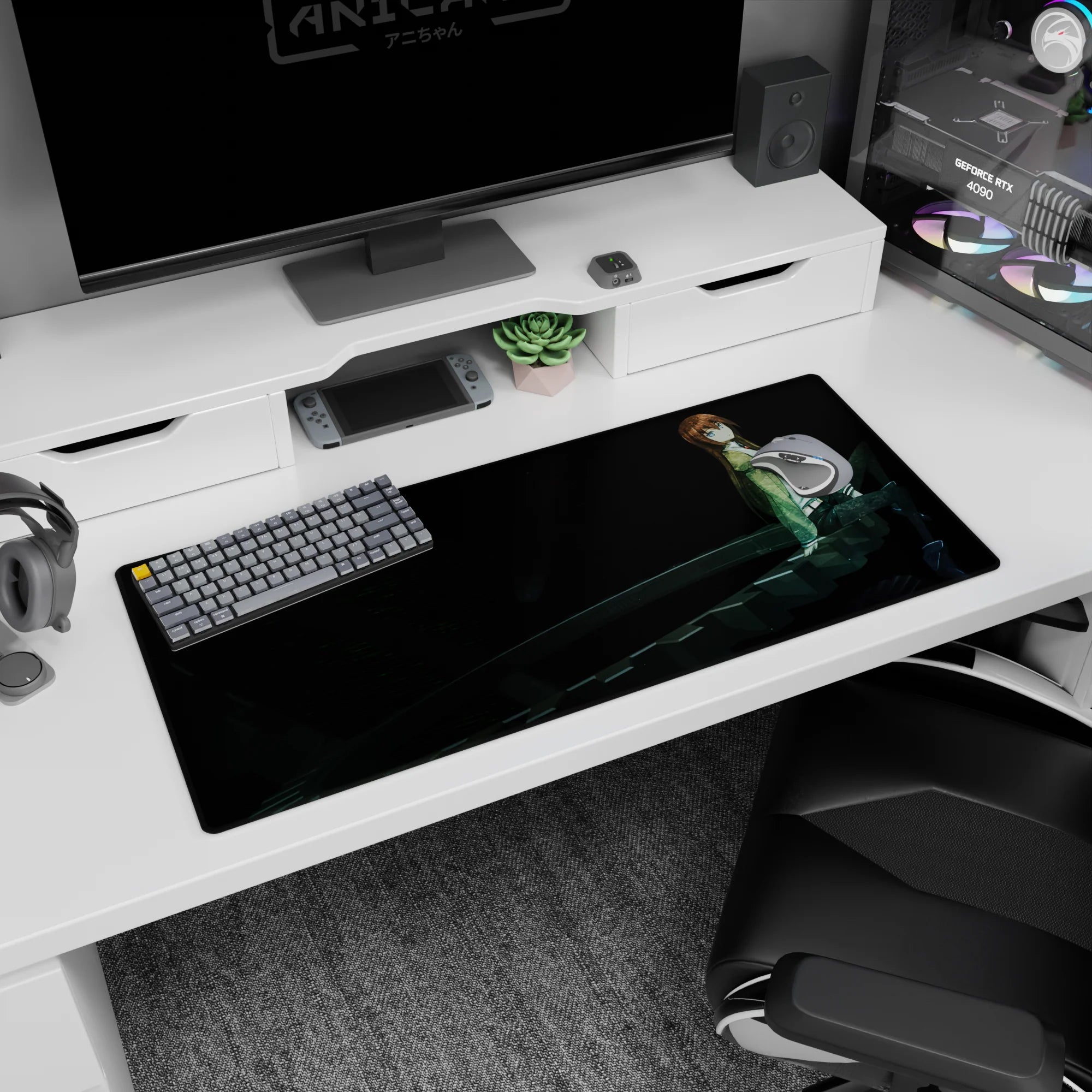 36x16 inches anime desk pad featuring a cool blue-eyed girl perched on sweeping gear spiral in a quiet sci-fi scene.