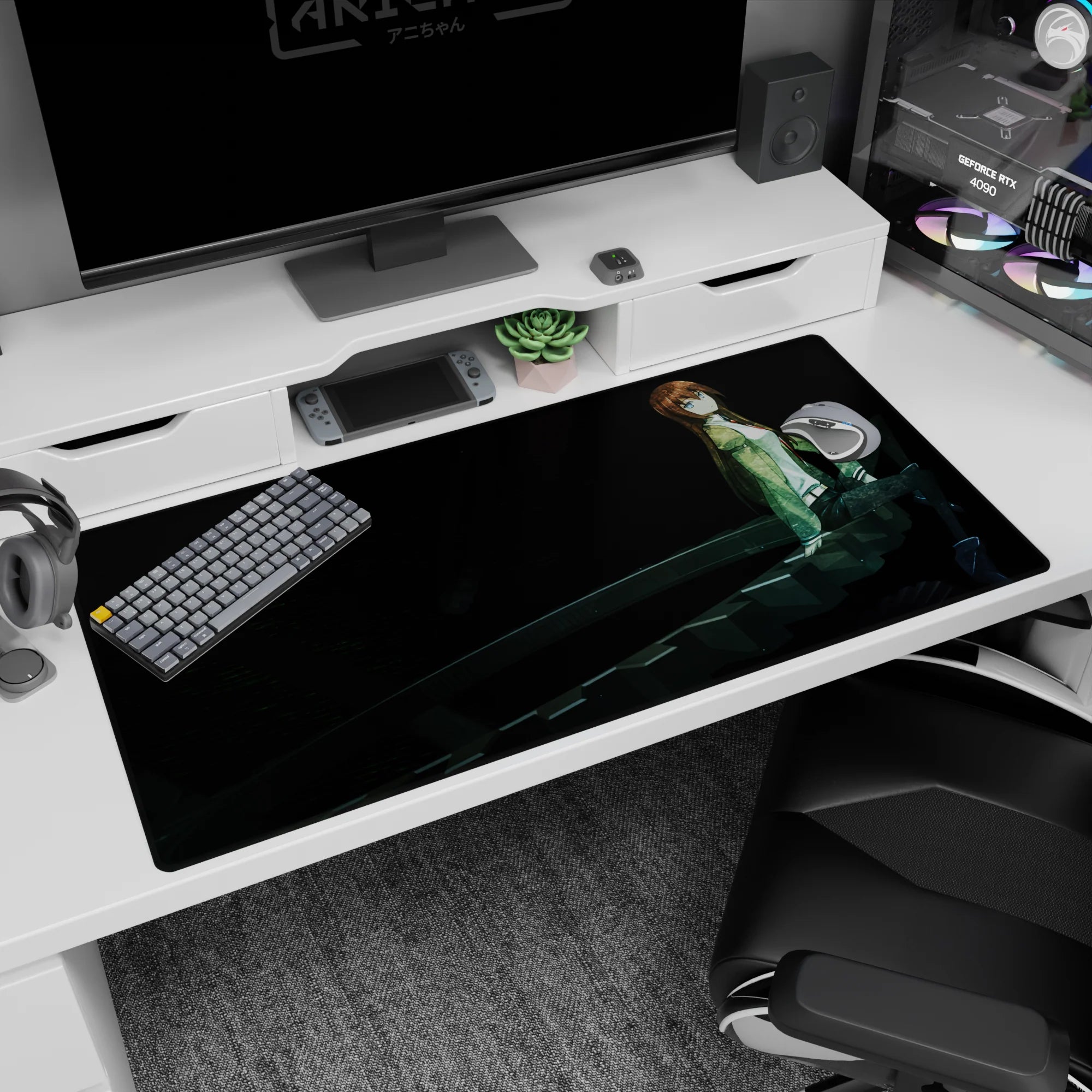 Anime desk pad 40x20 inches showing a brown-haired girl in a green jacket perched on a sweeping gear spiral.