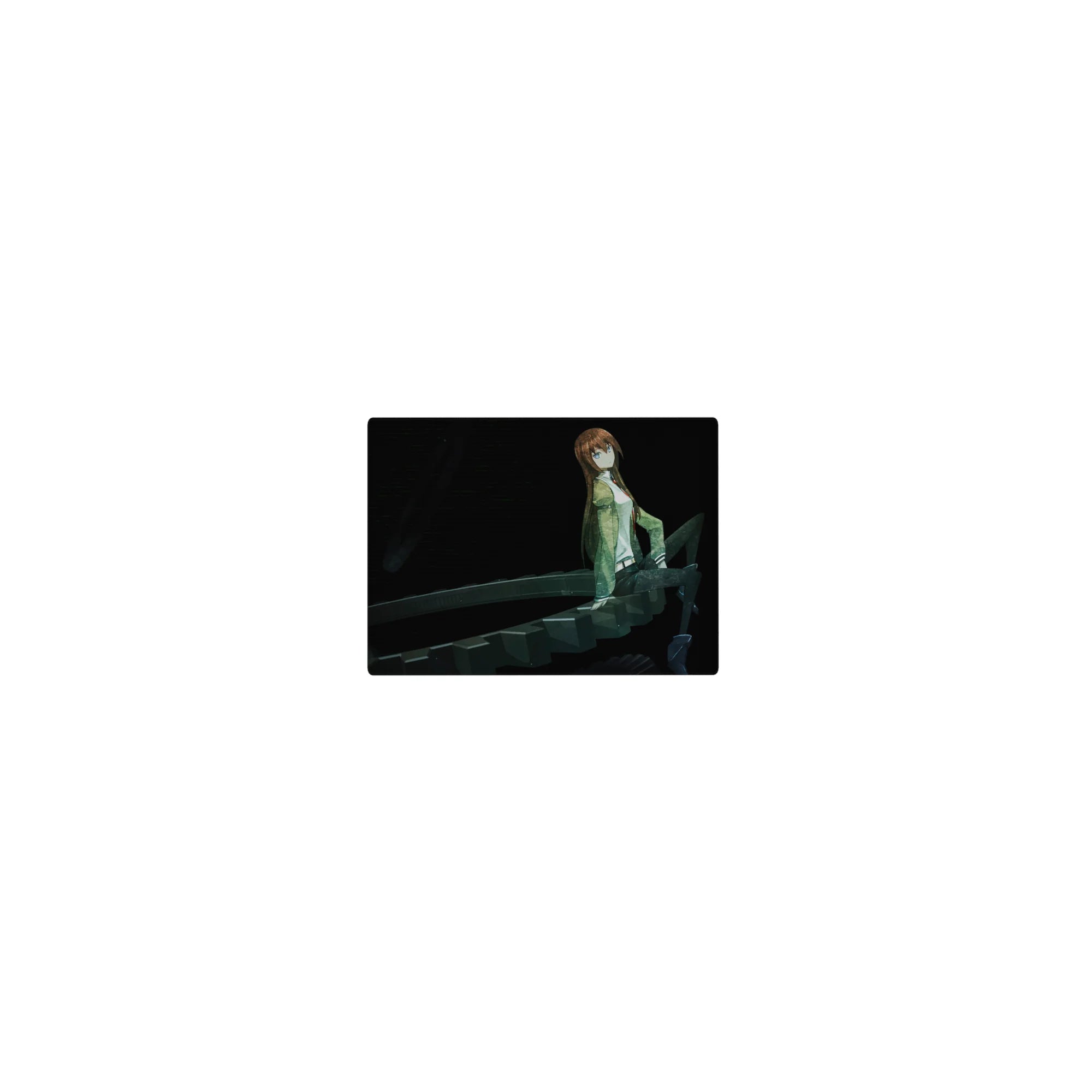 Classic anime mouse pad 14x10 inches with sci-fi girl on spiral dark metal gears, left-to-right motion.