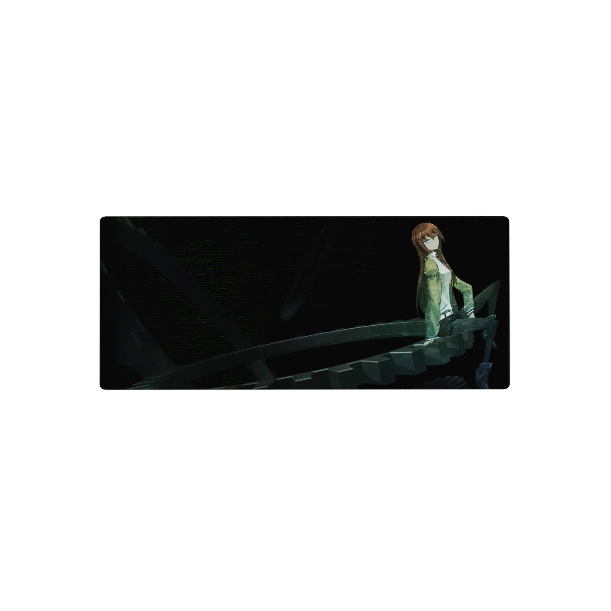 Anime mouse pad 28x12 inches with sci-fi gear spiral, brown-haired girl, sleek time-machine composition.
