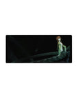 Anime mouse pad 28x12 inches with sci-fi gear spiral, brown-haired girl, sleek time-machine composition.