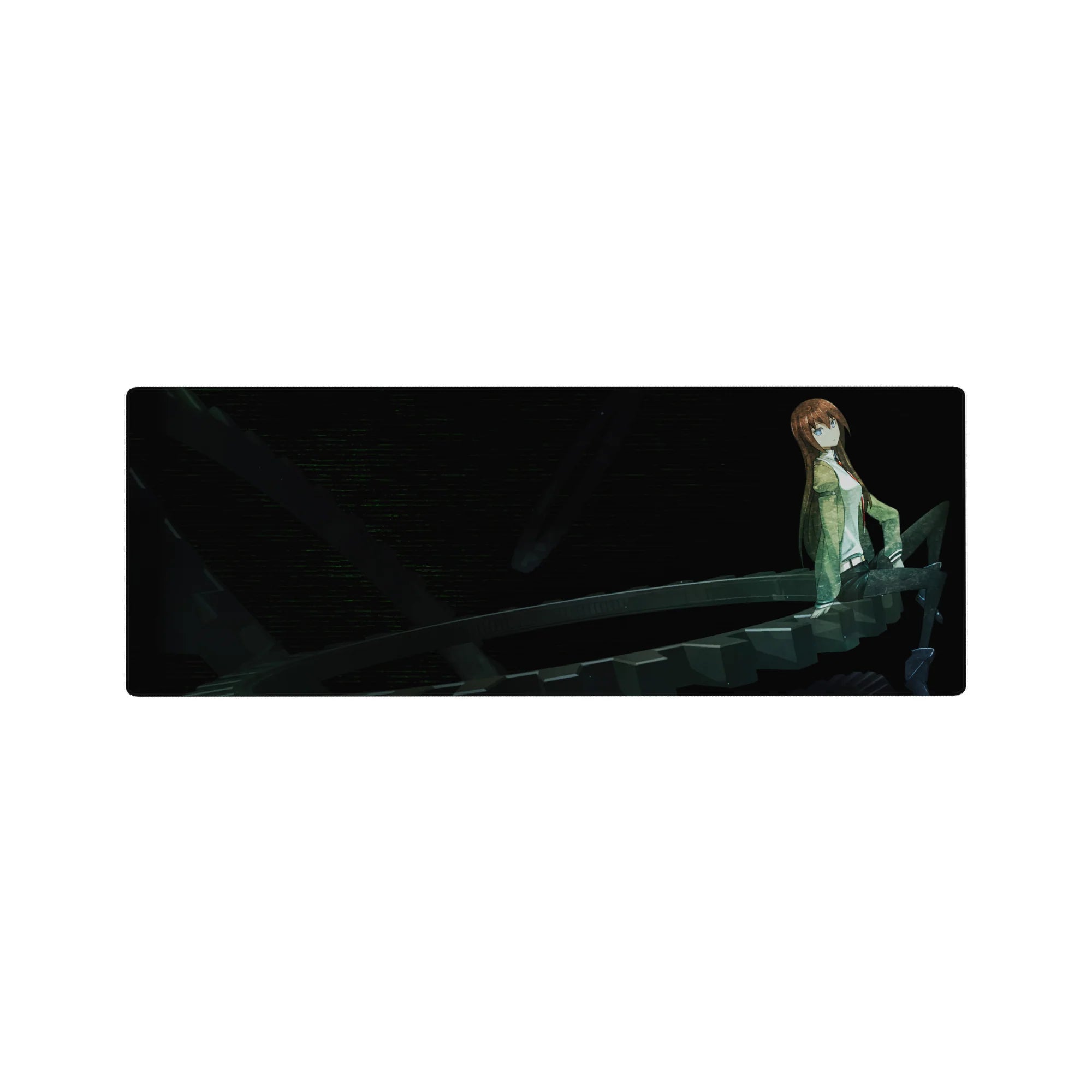 32x12 inches anime mouse pad with sci-fi gear spiral and brown-haired girl, sleek time-machine style.