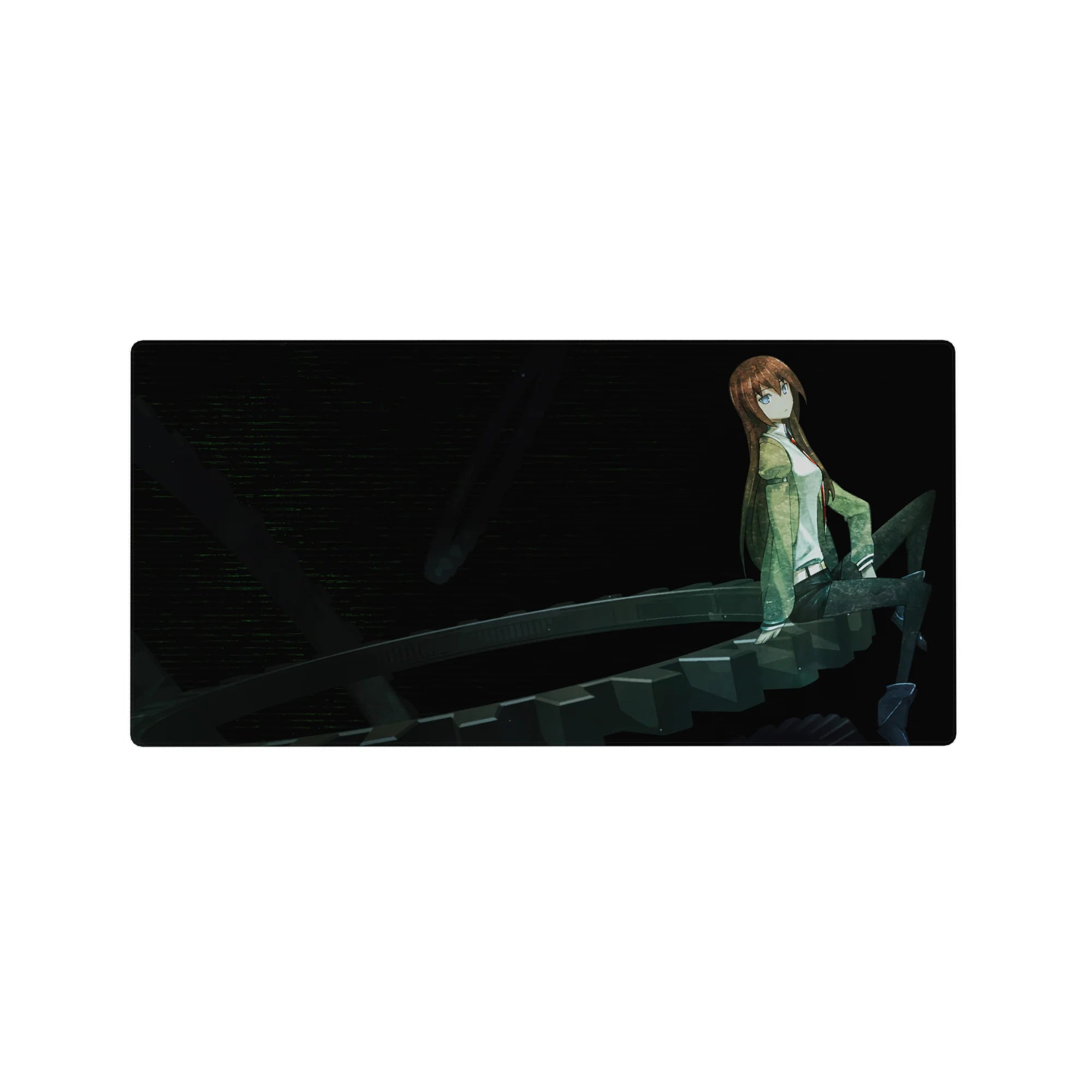 32x16 inches anime mouse pad with sci-fi gear spiral and brown-haired girl in a dark metal time-machine scene.