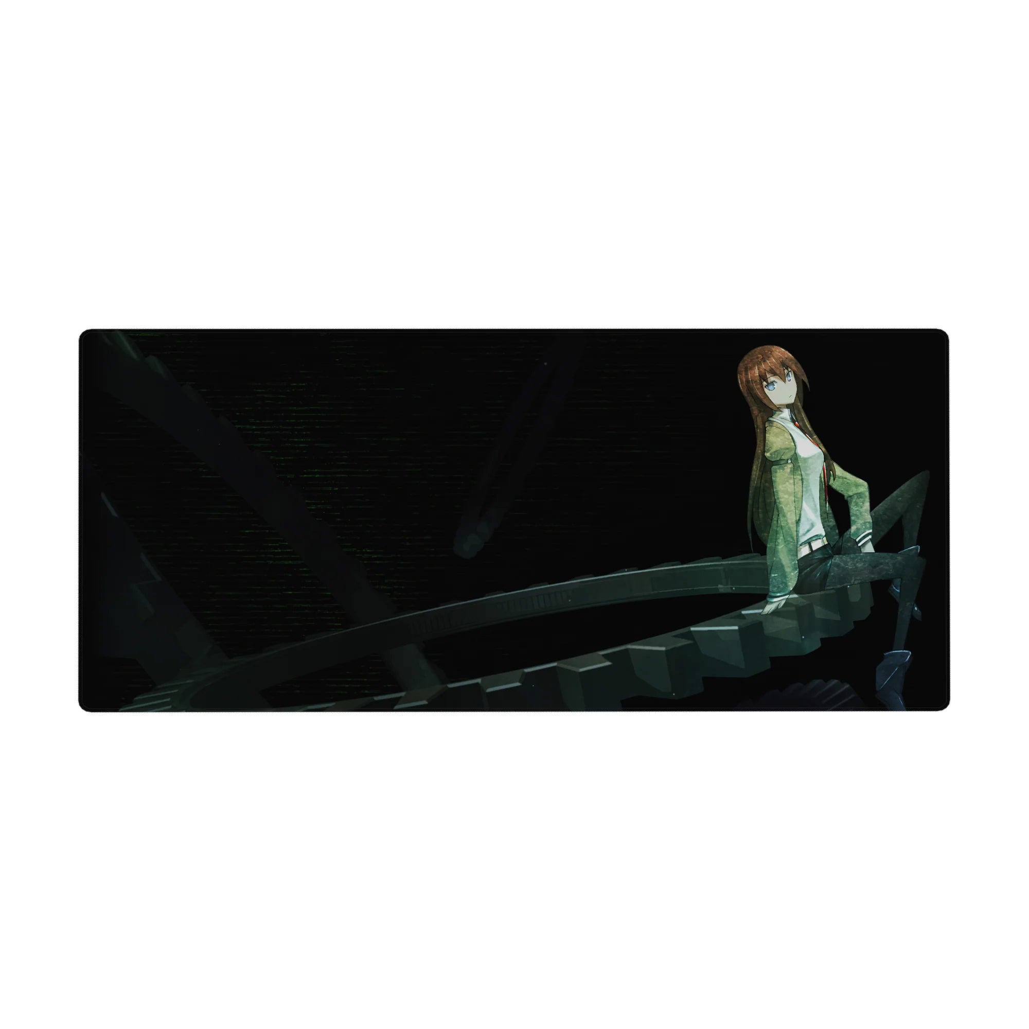 36x16 inches anime desk pad with brown-haired girl on spiral dark metal gears, sci-fi time-machine flow.