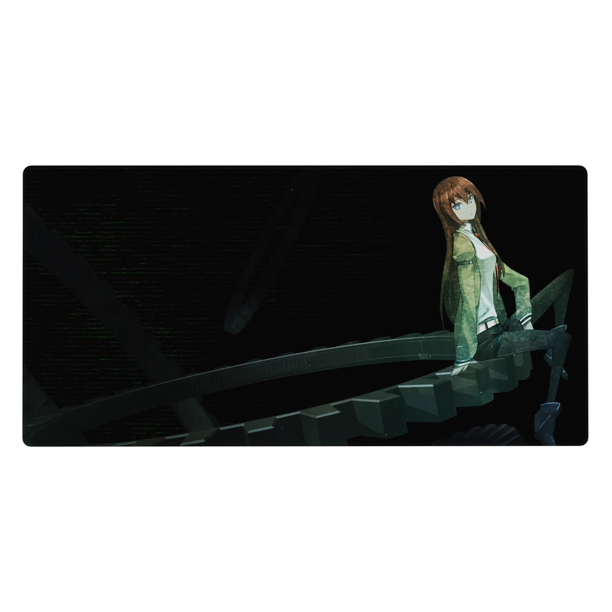 Anime desk pad 40x20 inches with sci-fi spiral dark metal gears and a brown-haired girl, sharp and grainy.