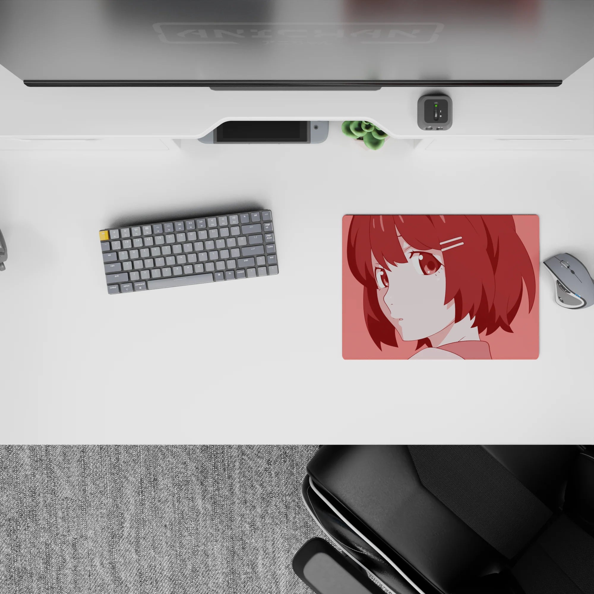 Soft pink anime girl mouse pad 14x10 inches with cozy slice-of-life vibe and warm rose backdrop.
