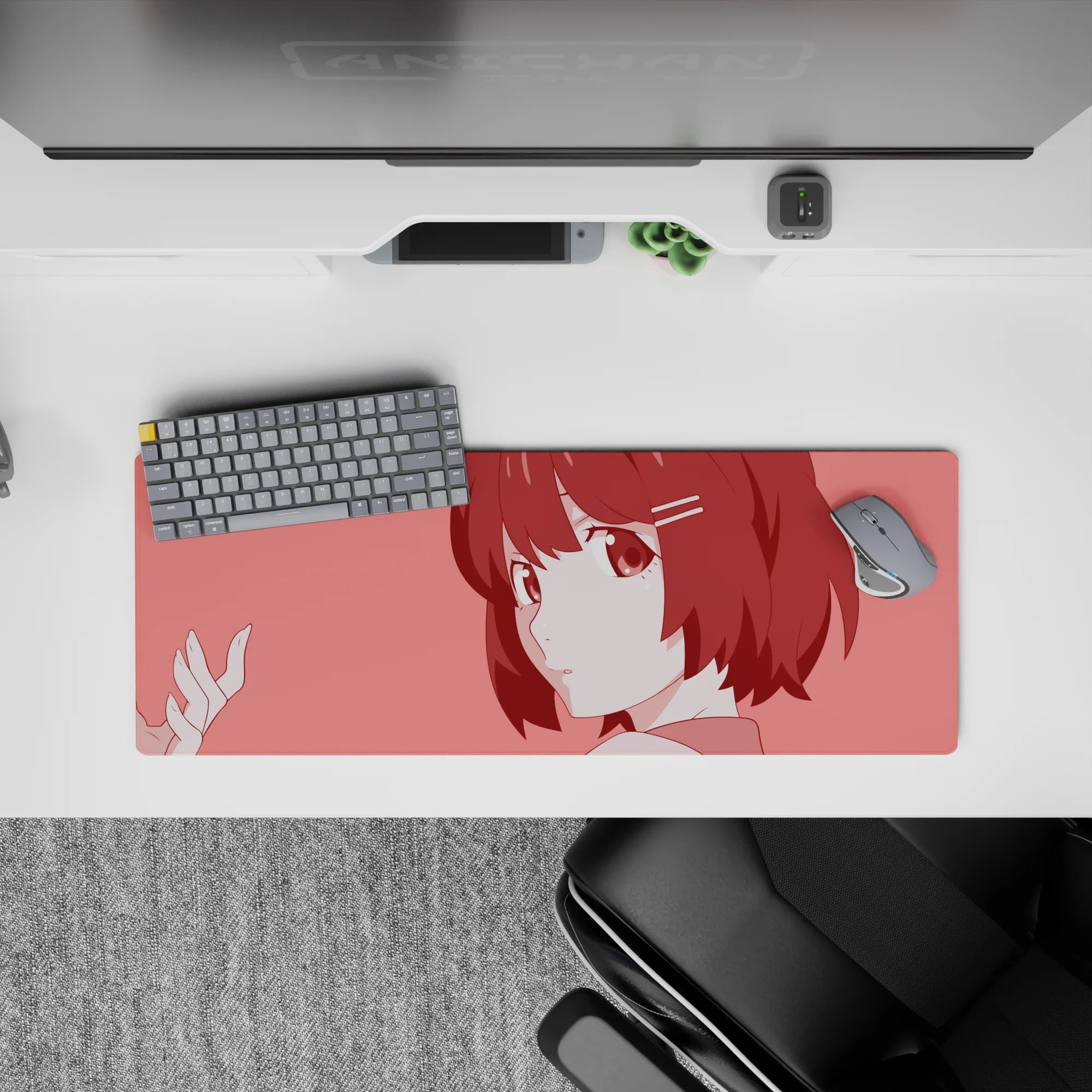 Cozy soft pink anime desk mat mouse pad 32x12 inches, warm rose background, slice-of-life vibe.
