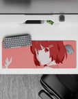 Cozy soft pink anime desk mat mouse pad 32x12 inches, warm rose background, slice-of-life vibe.