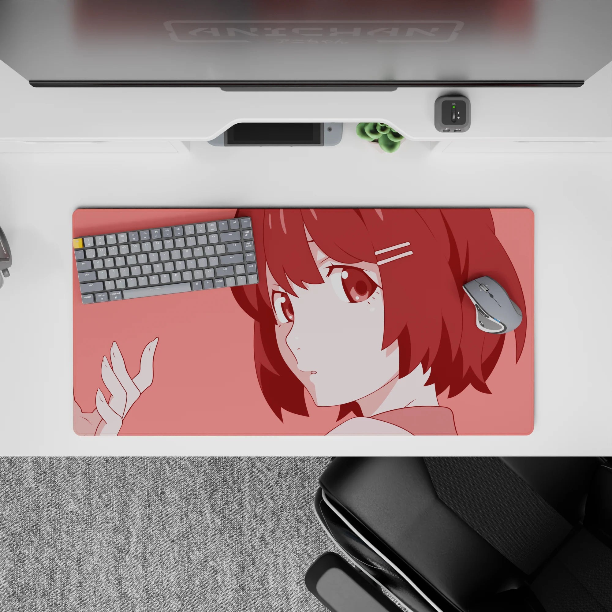 Cozy slice-of-life anime mouse pad 32x16 inches in warm rose tones with big-eyed kawaii vibe.