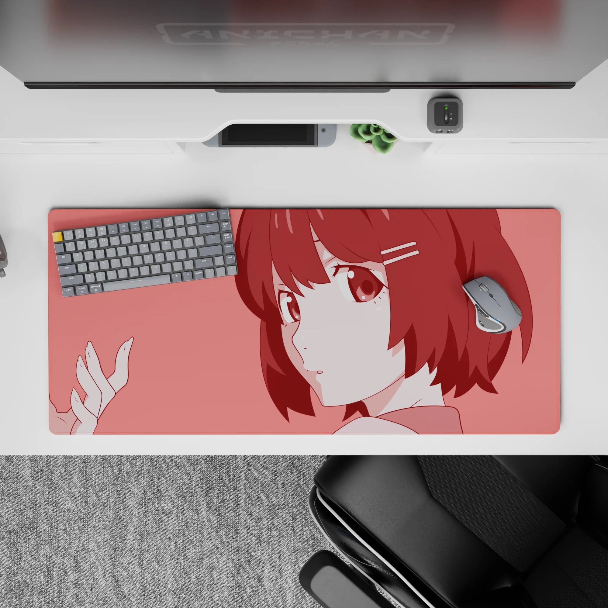 36x16 inches pastel rose anime desk pad, cozy slice-of-life vibe with warm pink tones and big eyes.