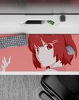 36x16 inches pastel rose anime desk pad, cozy slice-of-life vibe with warm pink tones and big eyes.