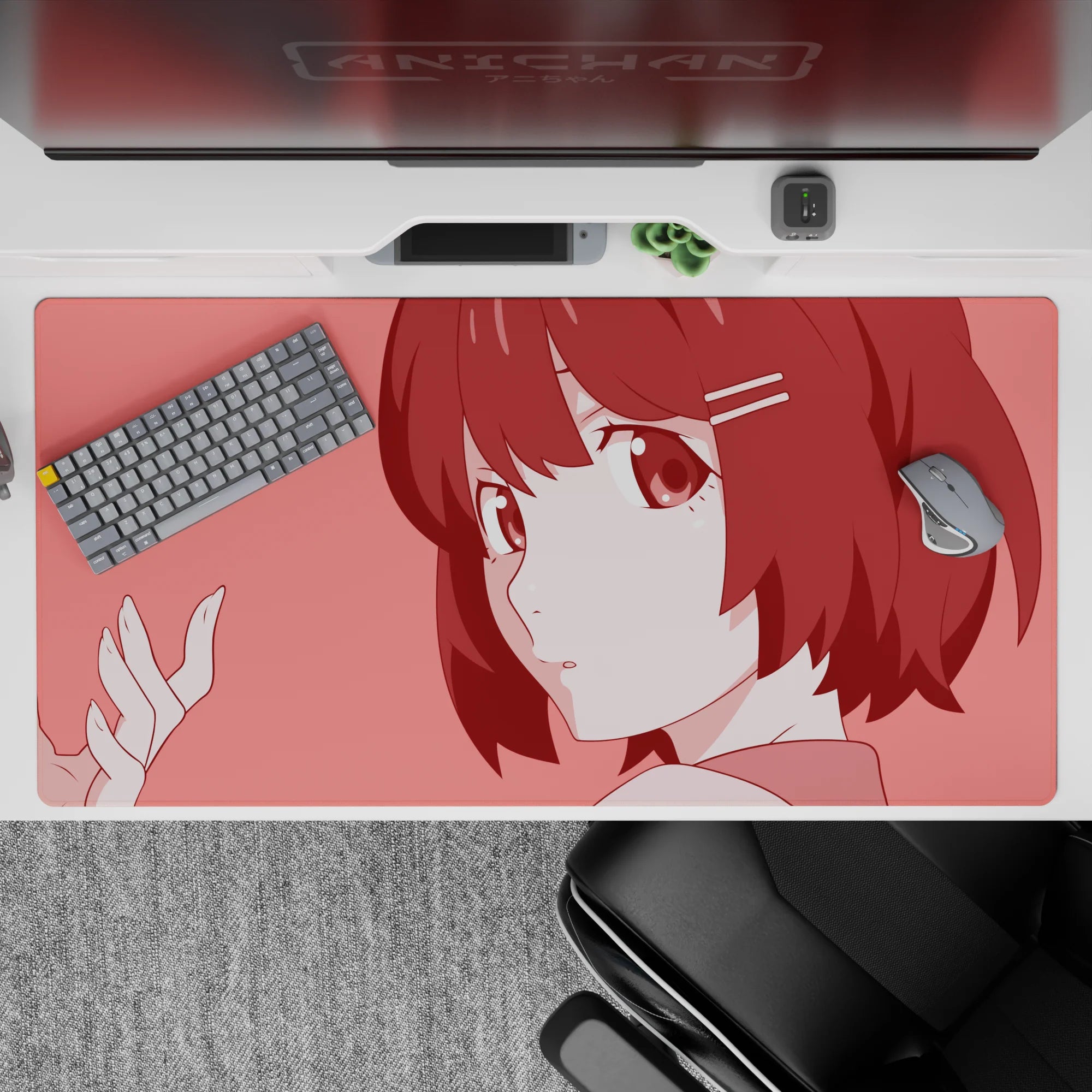 Cozy rose-pink anime desk pad 40x20 inches, soft slice-of-life vibe with warm background tones.