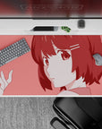 Cozy rose-pink anime desk pad 40x20 inches, soft slice-of-life vibe with warm background tones.