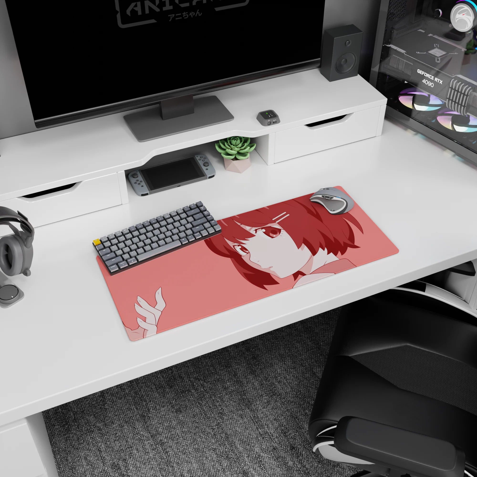 28x12 inches anime girl desk mat showing a shy, big-eyed girl whose gaze follows your cursor.