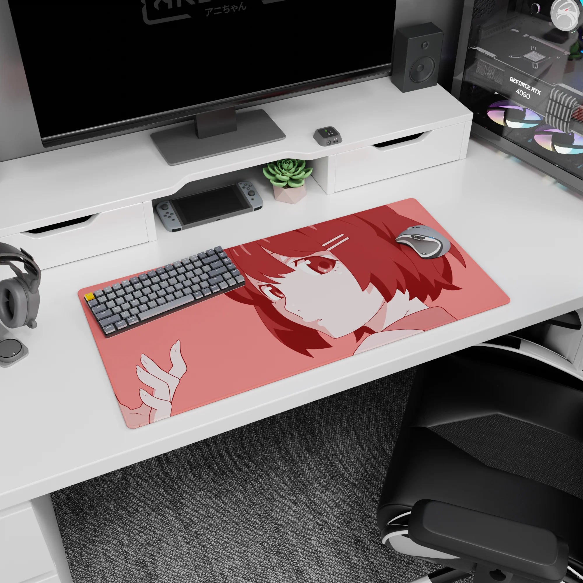 Shy anime girl portrait mouse pad 32x16 inches, big eyes following your cursor on a pink scene.