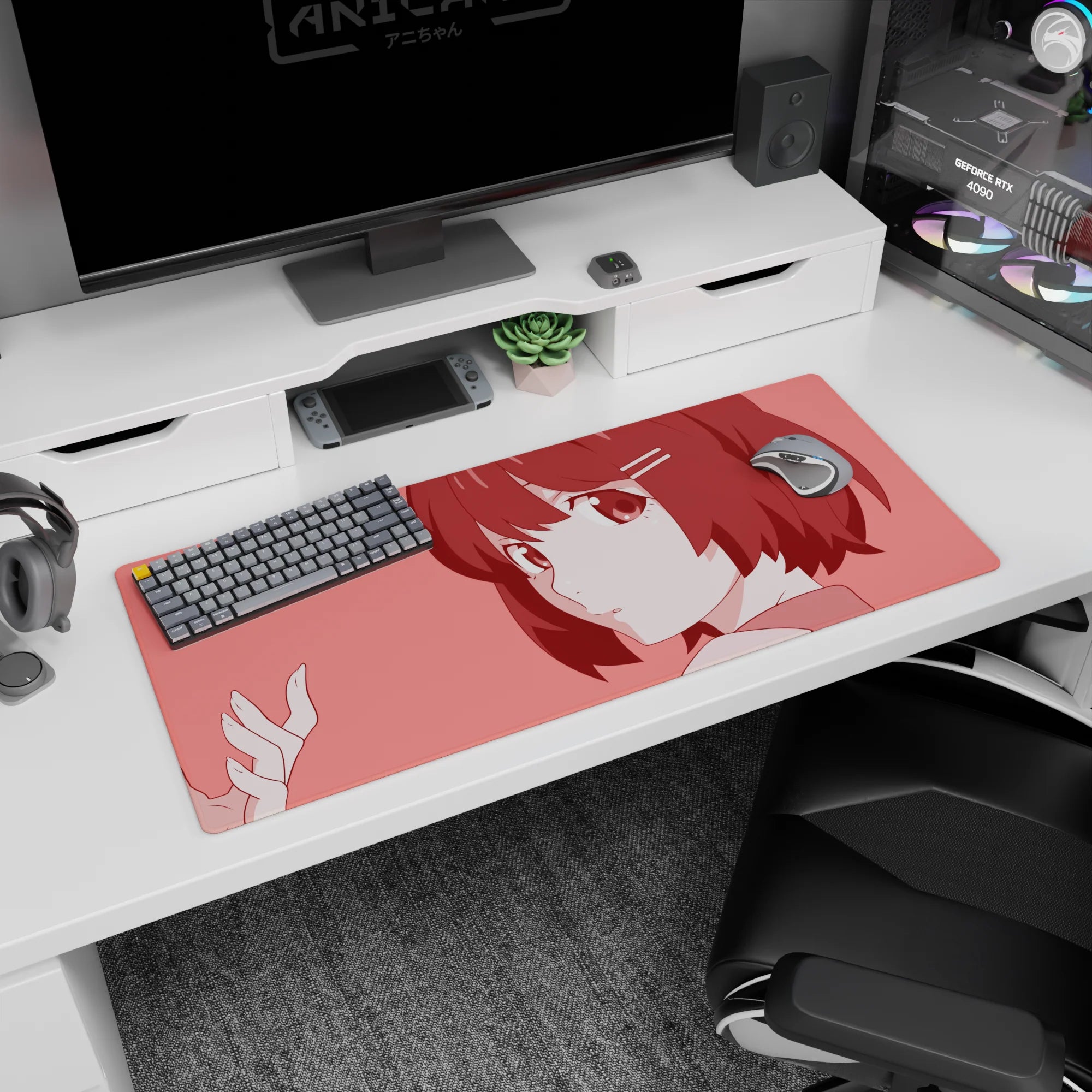 36x16 inches anime girl mouse pad showing a shy glance, big sparkling eyes, and hair clips on pink.