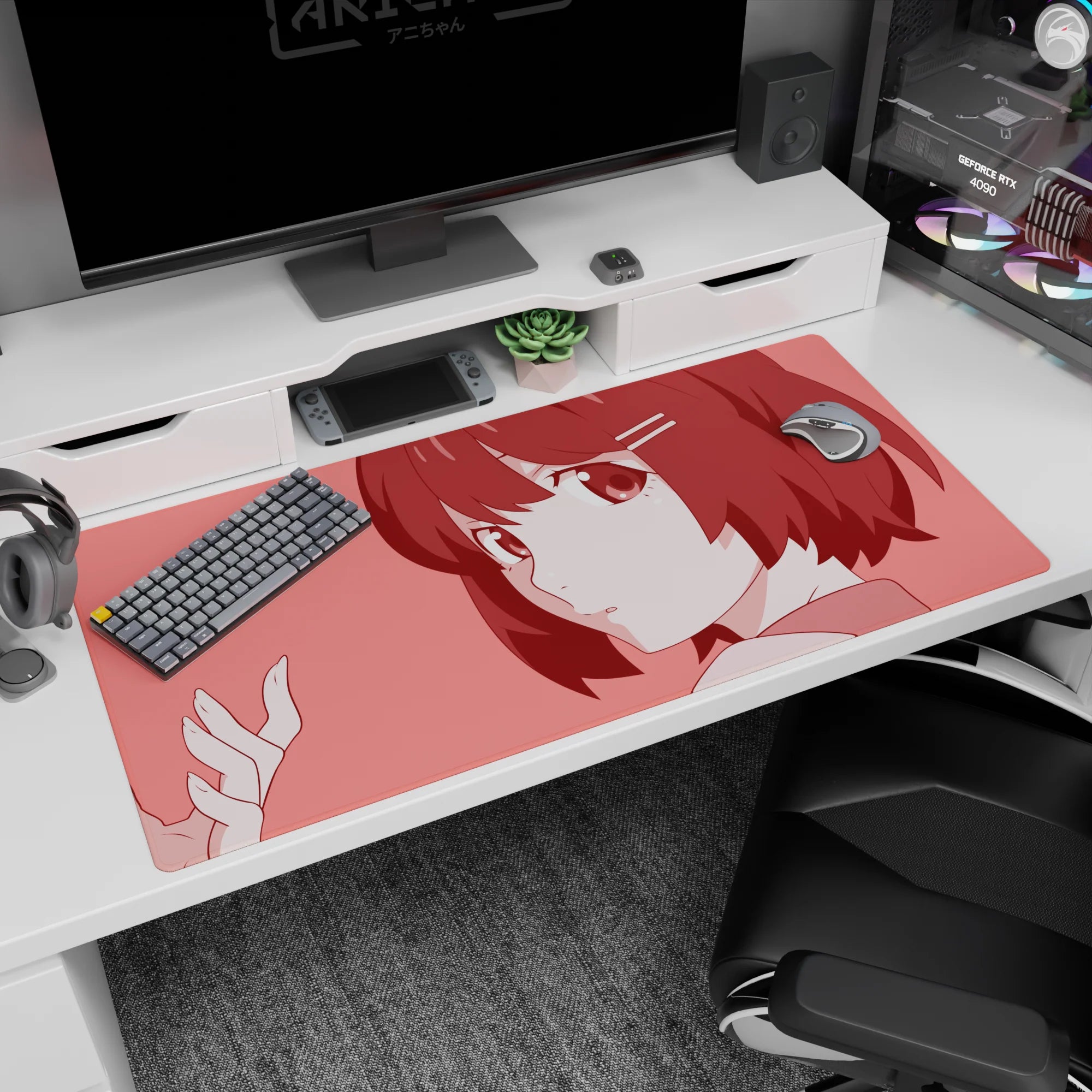 Shy anime girl with big eyes and hair clips on a 40x20 inches desk pad, looking toward your cursor.