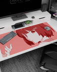 Shy anime girl with big eyes and hair clips on a 40x20 inches desk pad, looking toward your cursor.