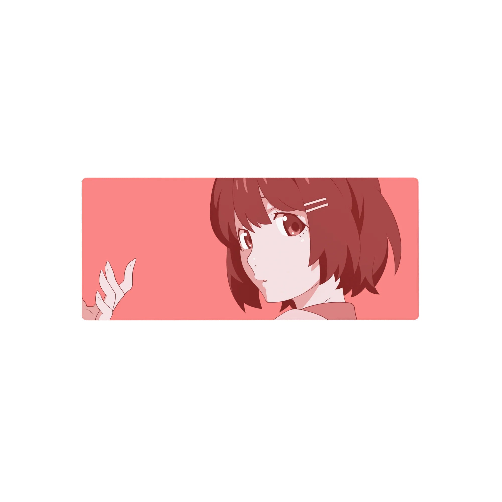 28x12 inches anime girl mouse pad with soft pink background, clean line art, and cute hair clips.
