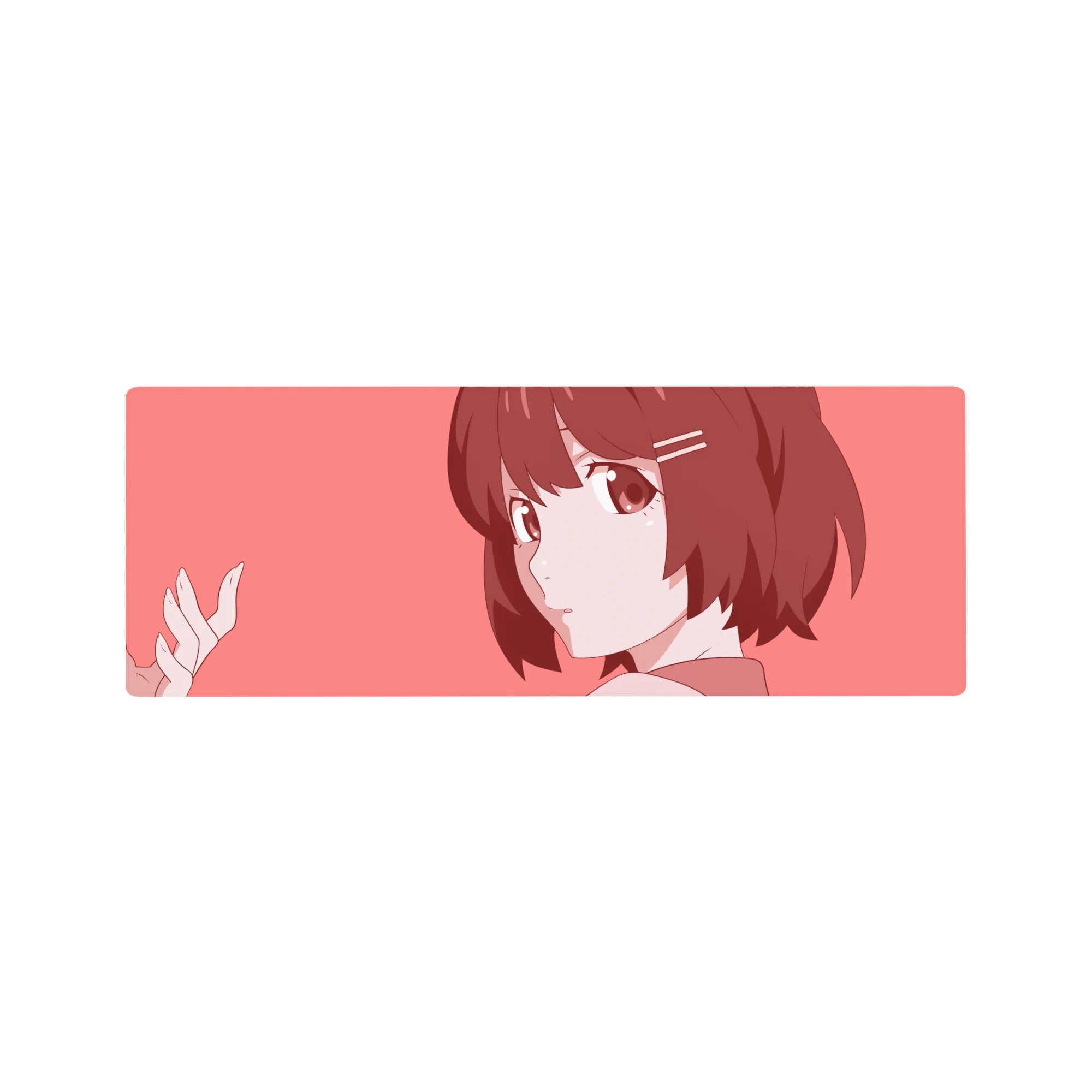 Anime girl mouse pad 32x12 inches with clean line art, big eyes, and cute hair clips, desk mat.
