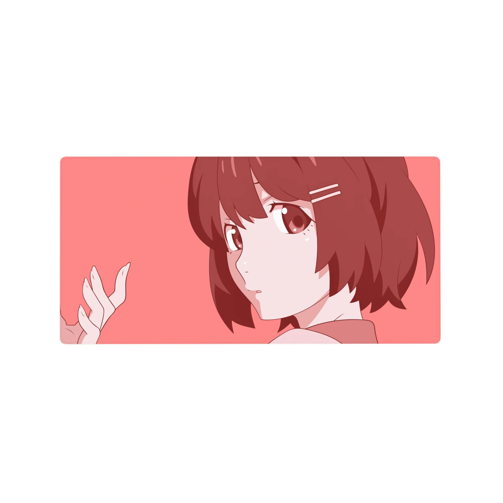 Anime girl mouse pad 32x16 inches with soft pink background, clean line art, and cute hair clips.
