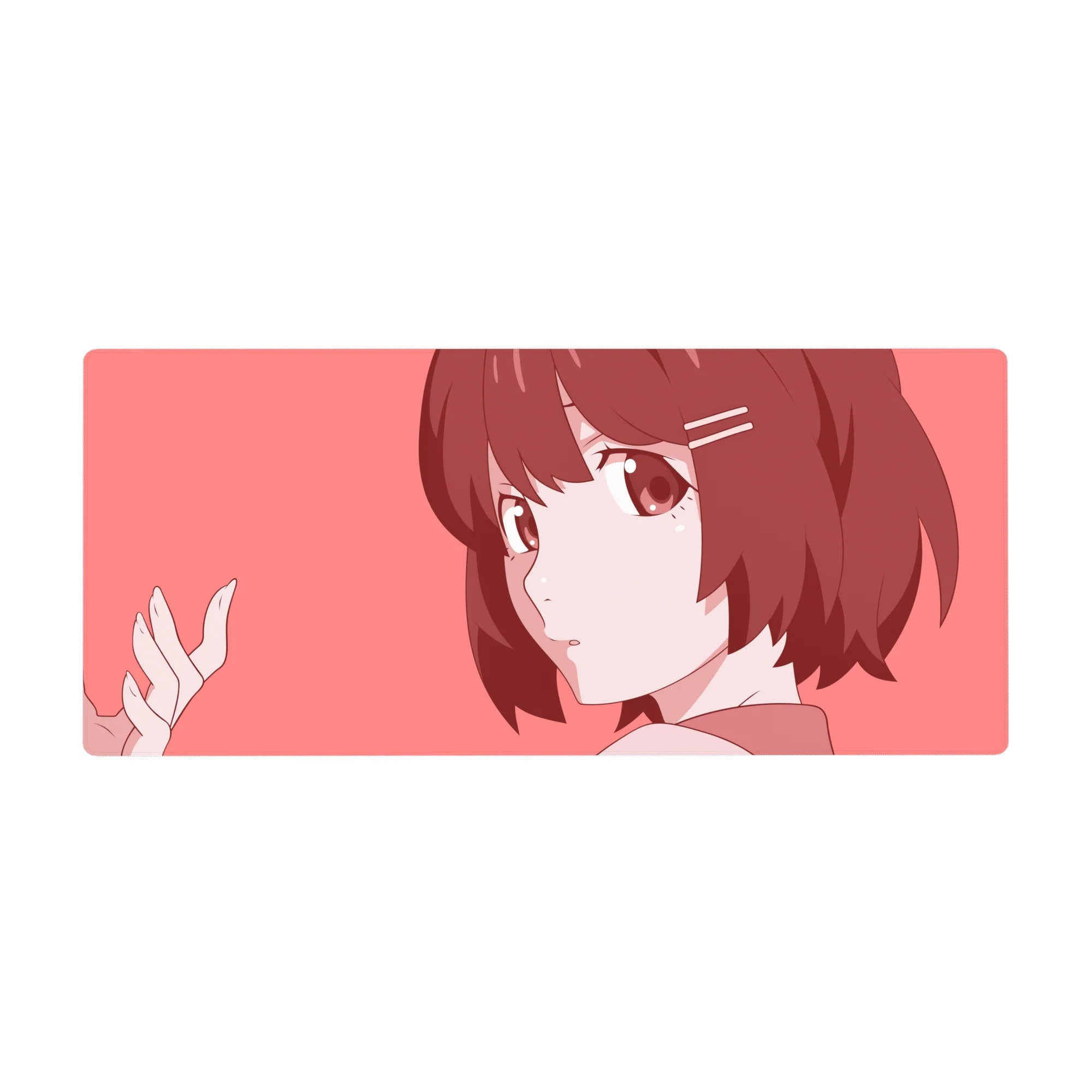 36x16 inches anime girl desk pad with soft pink background, clean line art, and cute hair clips.