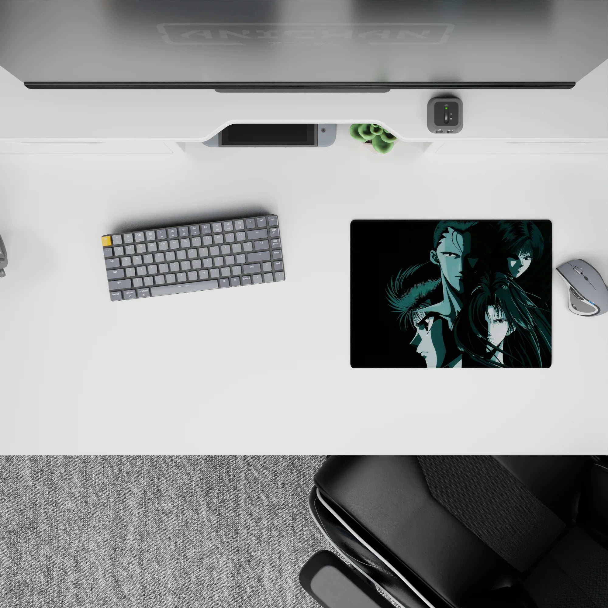 14x10 inches anime mouse pad in dark teal noir tones with sharp highlights, cold focused before-storm mood.