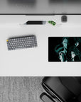 14x10 inches anime mouse pad in dark teal noir tones with sharp highlights, cold focused before-storm mood.