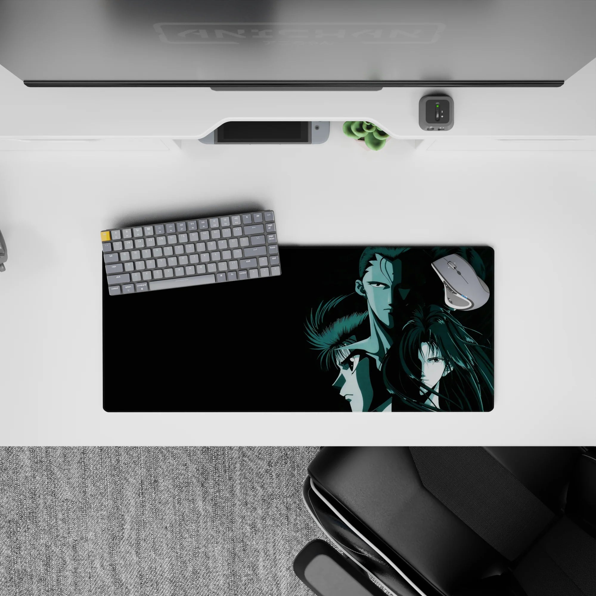 28x12 inches anime mouse pad in dark teal noir tones, cold focused mood with ink-like hair and stark shadows.
