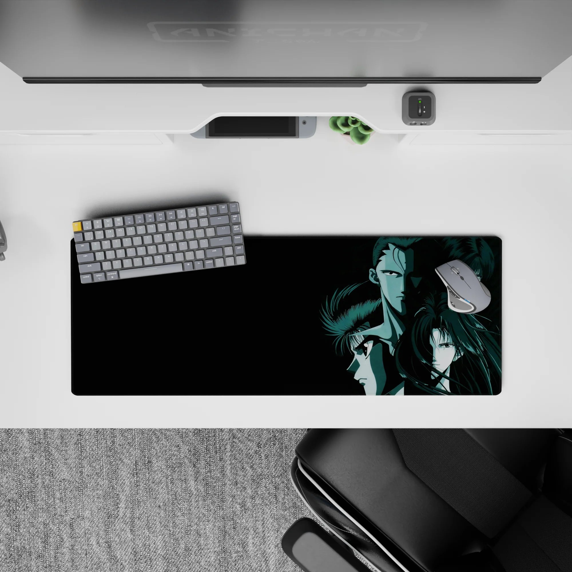 32x12 inches anime mouse pad in dark teal noir tones, smoky shadows, crisp highlights, cold focused mood.