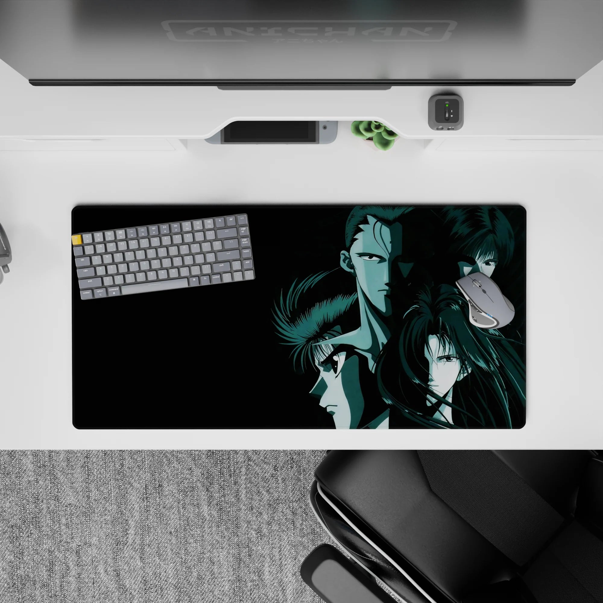 32x16 inches anime mouse pad in dark teal noir tones, cold smoky shadows, crisp highlights, hypnotic mood.