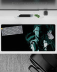 32x16 inches anime mouse pad in dark teal noir tones, cold smoky shadows, crisp highlights, hypnotic mood.