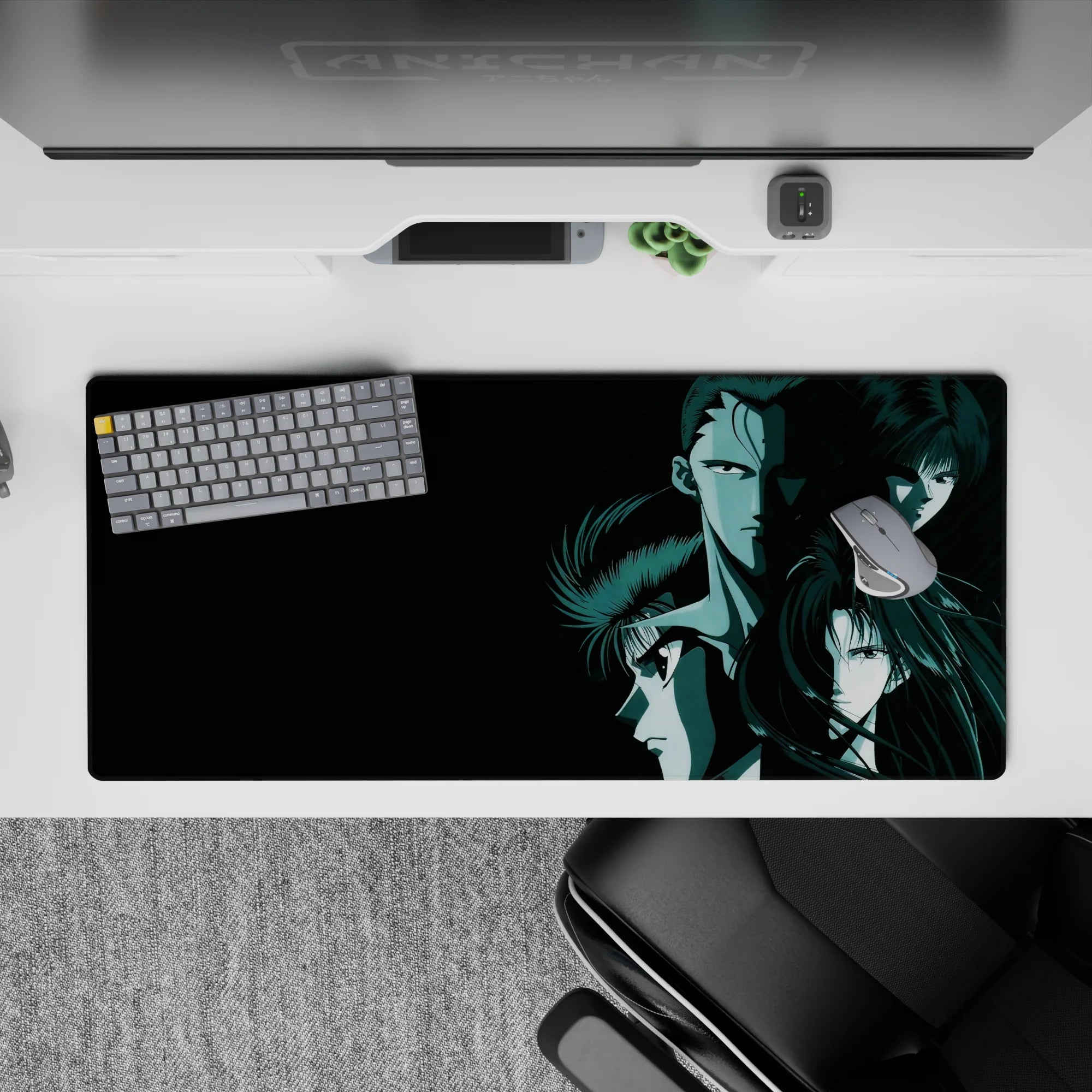 36x16 inches anime mouse pad in dark teal and black, cold noir mood with crisp highlights and stern eyes.