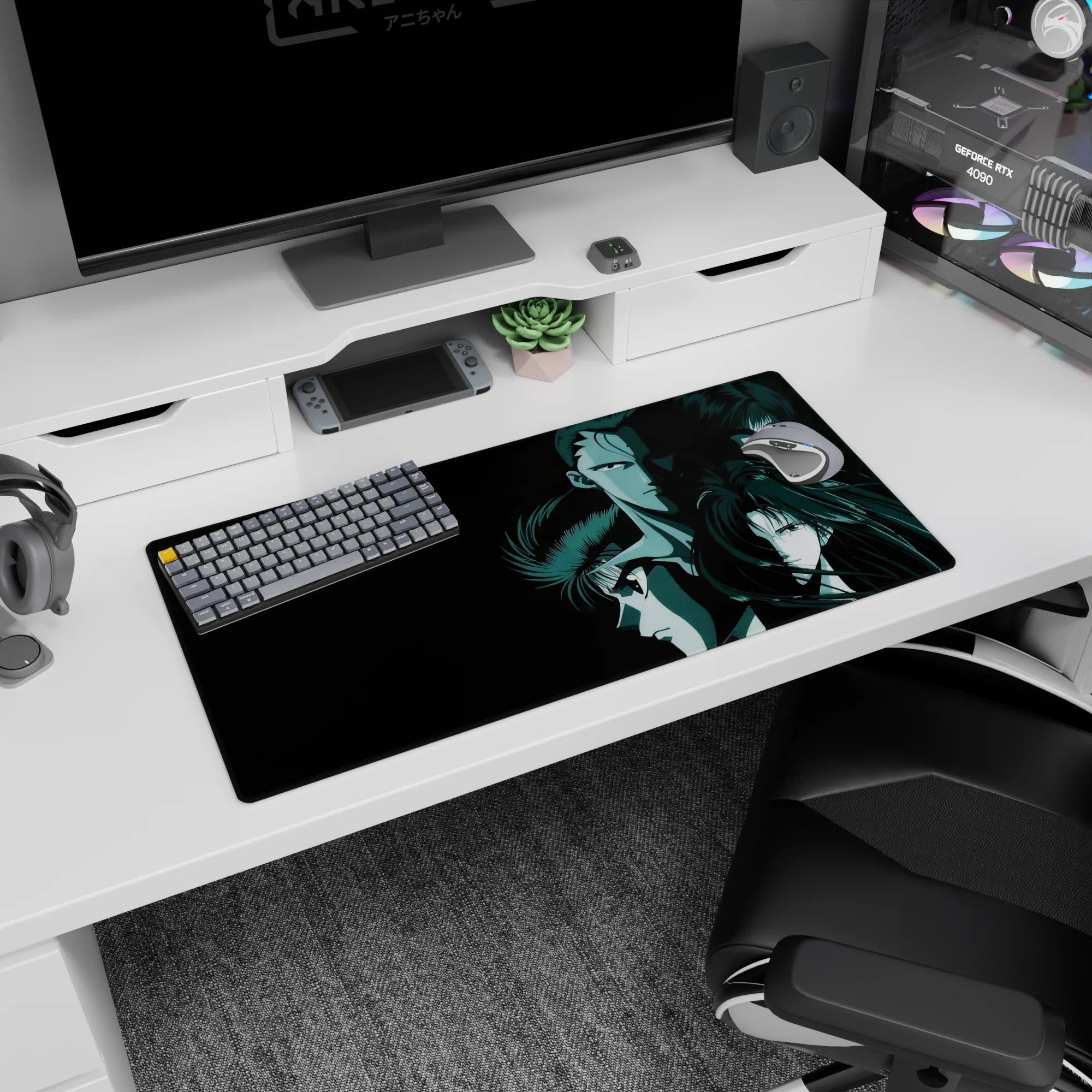 32x16 inches anime mouse pad featuring a tight trio of stern warriors, long black hair whipping like ink in water.