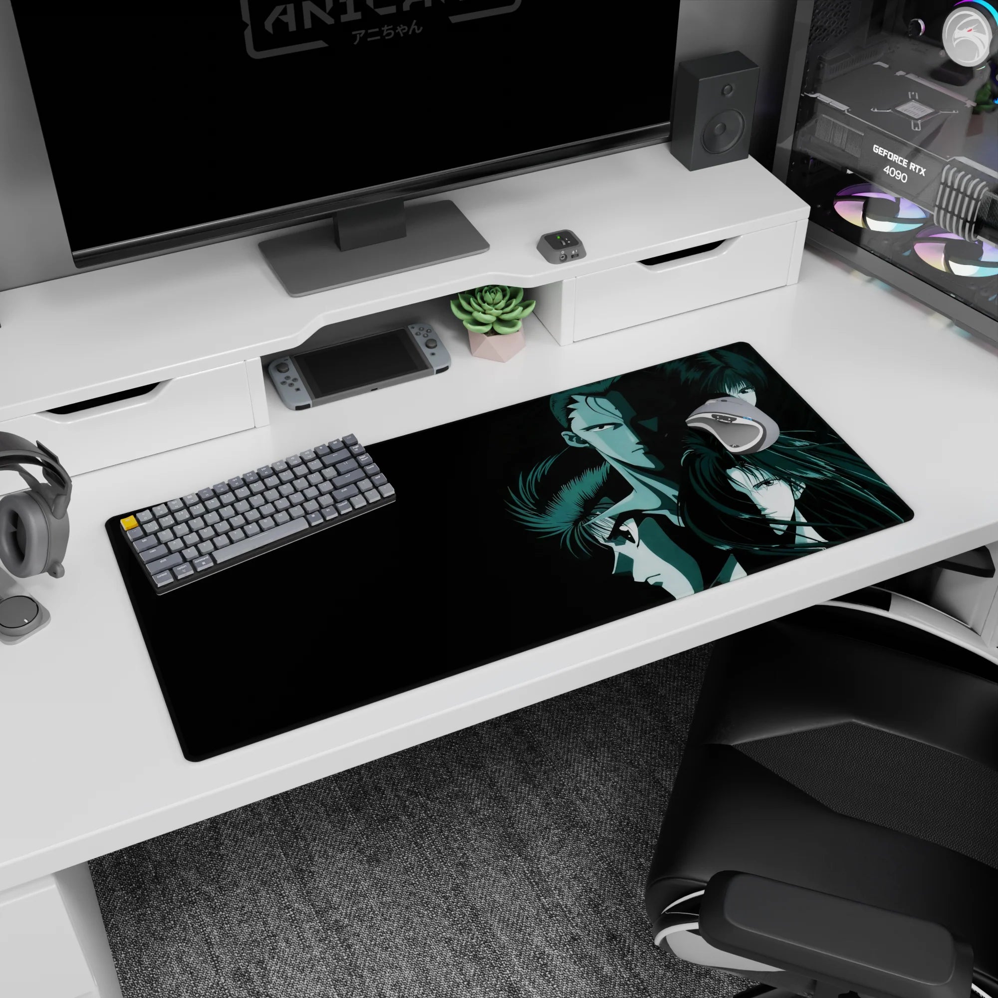 36x16 inches desk pad showing a tight trio of warriors, hair whipping like ink, diagonal stacked faces.