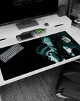 40x20 inches anime desk pad showing a tight trio of stern warriors, long black hair whipping across a haze.