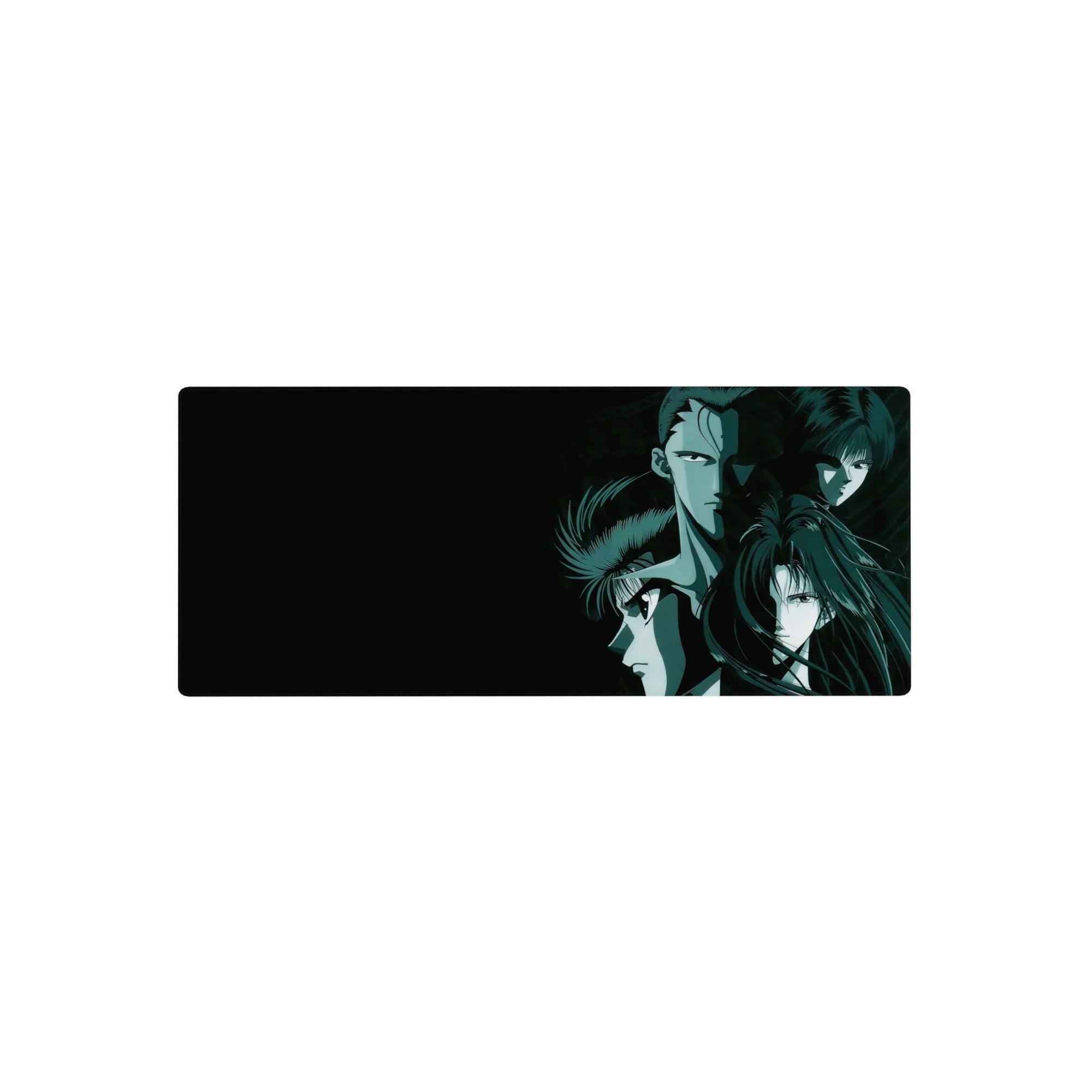 28x12 inches anime mouse pad with three stoic warriors in a diagonal stack, sharp highlights and smoky backdrop.
