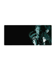 28x12 inches anime mouse pad with three stoic warriors in a diagonal stack, sharp highlights and smoky backdrop.