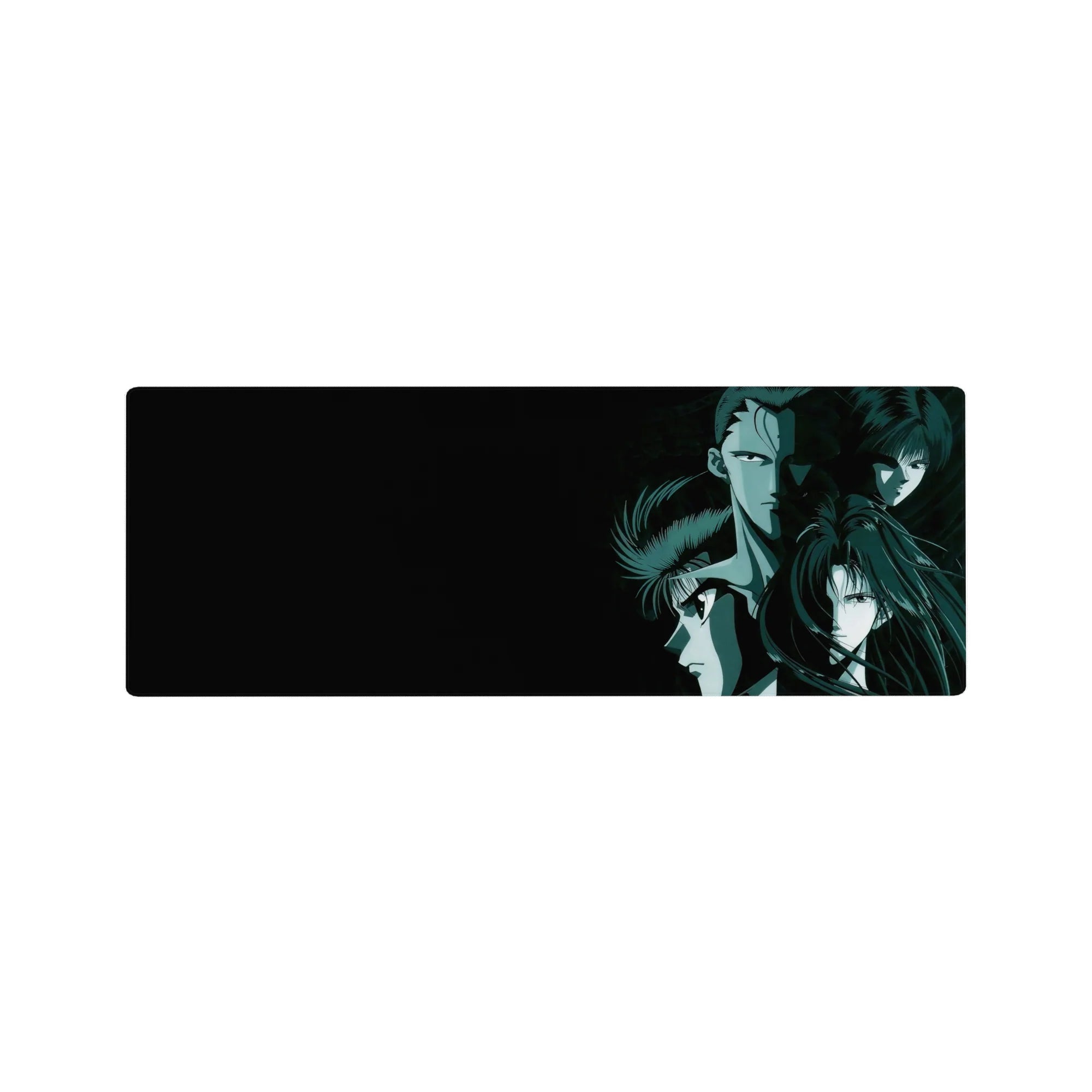 32x12 inches anime mouse pad with three stoic warriors in a diagonal portrait, sharp lines and bold print.