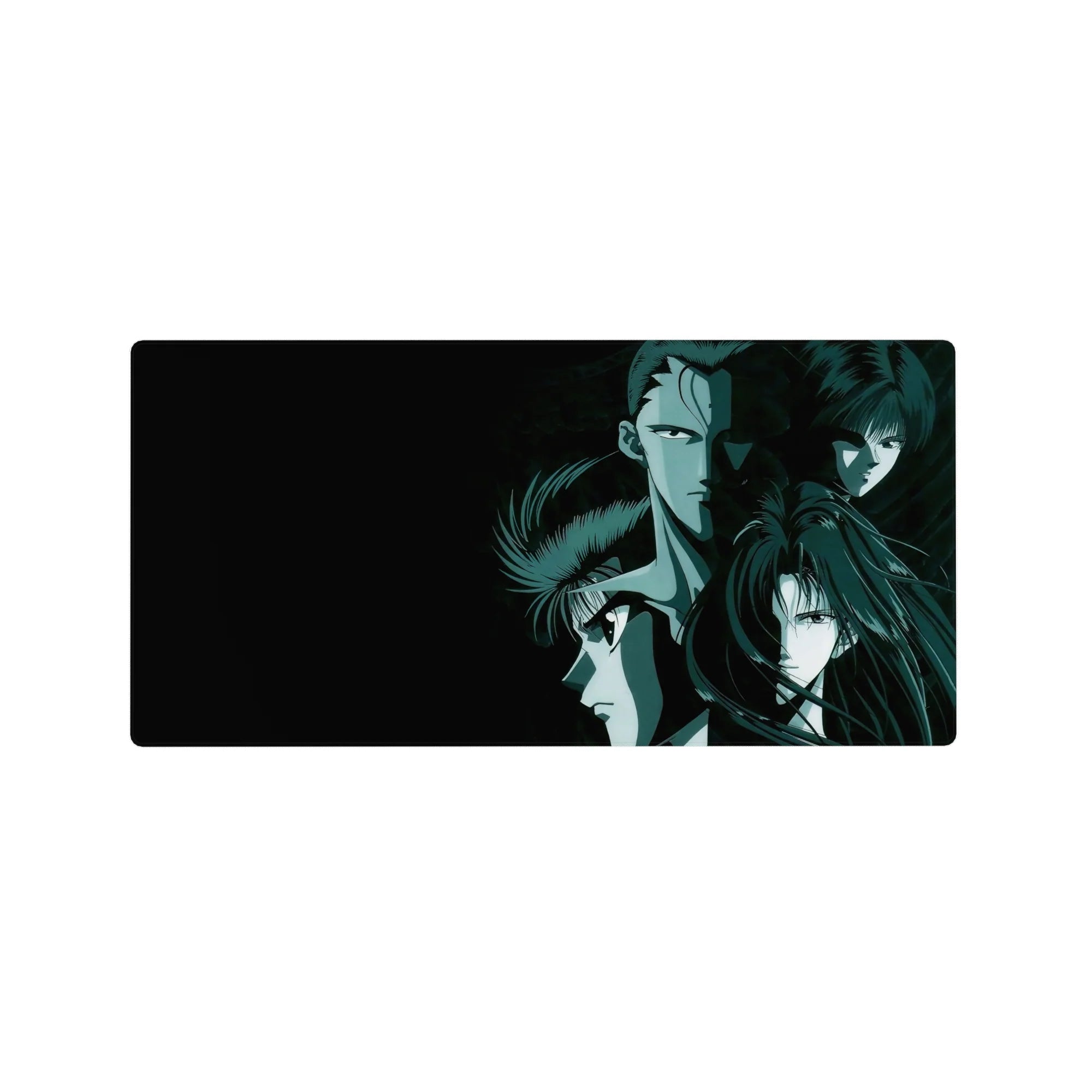 32x16 inches anime mouse pad with three stoic warriors in a diagonal stack, sharp highlights, smoky backdrop.